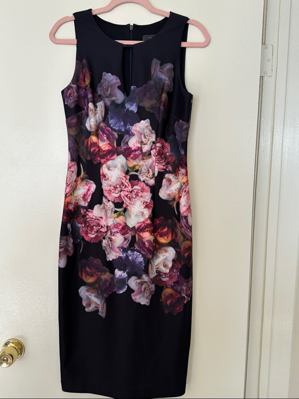 Floral Sheath Dress in Black with Pink and Purple Blooms
